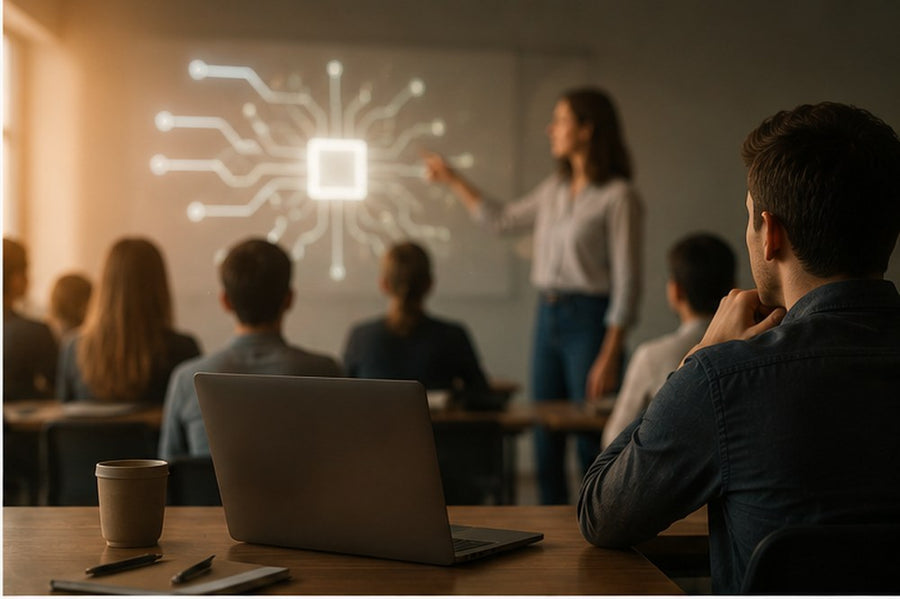 Docente y estudiantes trabajando con tecnología en el aula